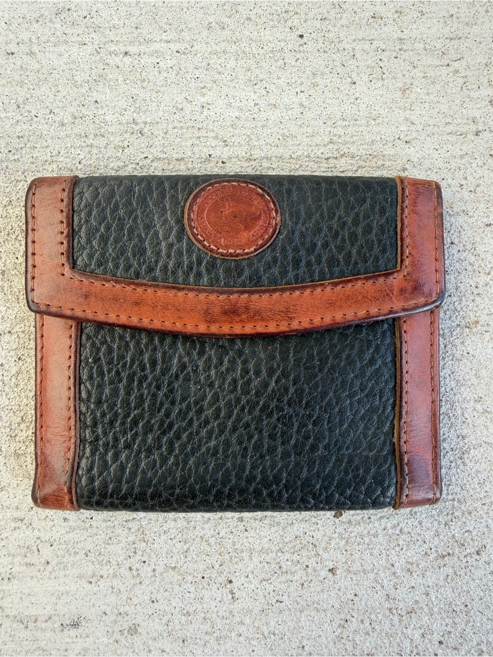 Dooney & Bourke Vintage Black Brown Leather Trifold Wallet Made in USA Pebbled L